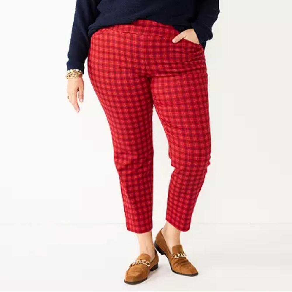 Croft & Barrow Stretch Pull-On Straight Pants Plus Size Women Red Plaid 28W Long